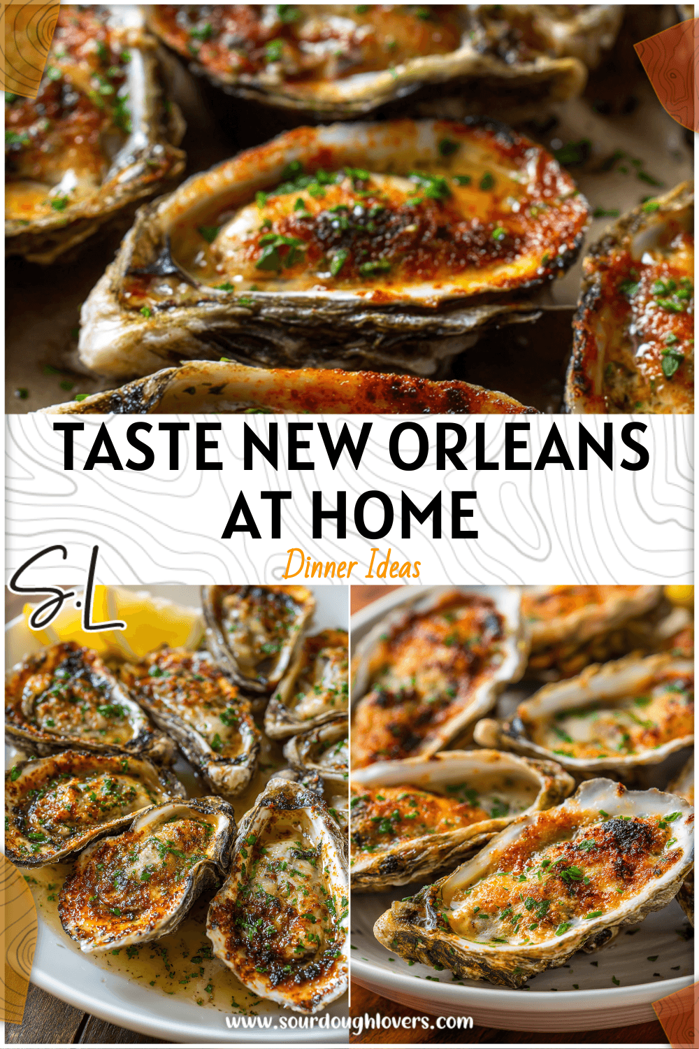 Plate of chargrilled oysters on the half shell seasoned with herbs and melted butter for a New Orleans-style recipe.